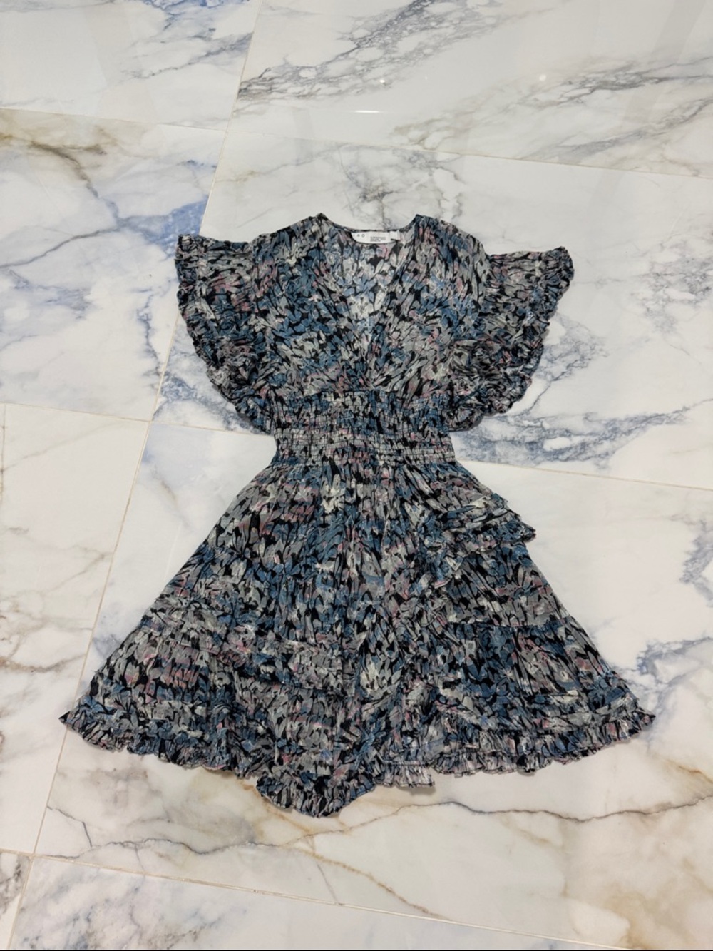 IRO Multicolor V neck Smocked Tiered Ruffle Mini Dress extra small flirty girly